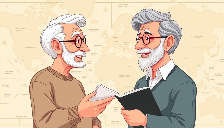 Cartoon of seniors discussing GST benefits with financial symbols.