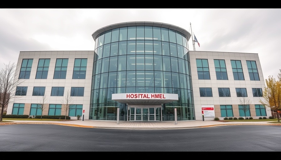 Modern hospital entrance and architecture with glass facade.
