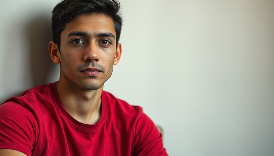 Young man in red shirt sitting against a wall, neutral expression.