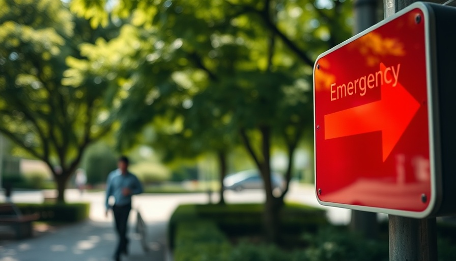Emergency sign outside with trees and a person walking.