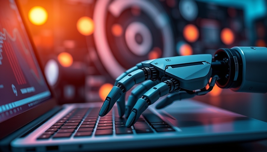 Futuristic robotic hand using laptop keyboard, AI note-taking technology