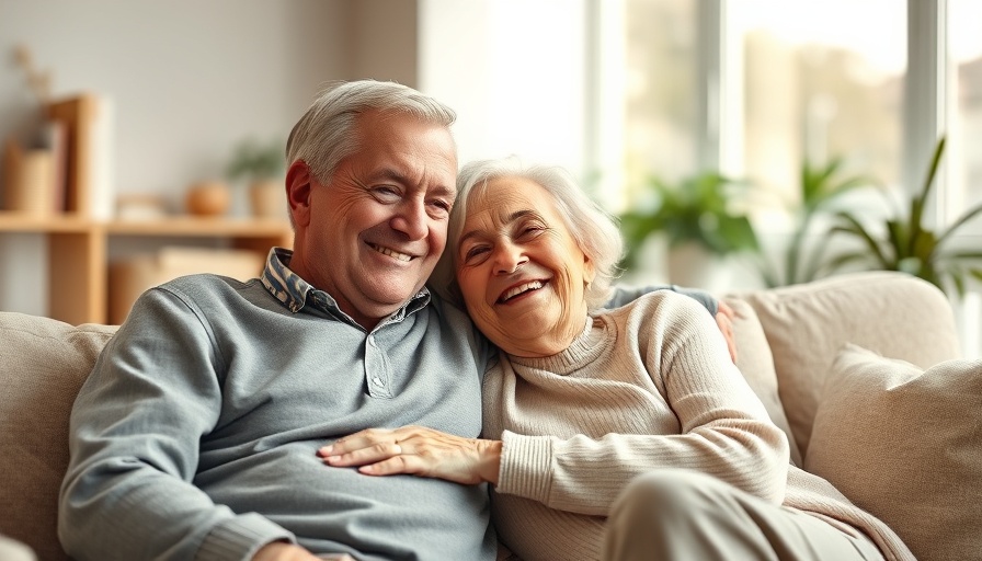 Elderly couple embracing and smiling on sofa, suggesting comfort.