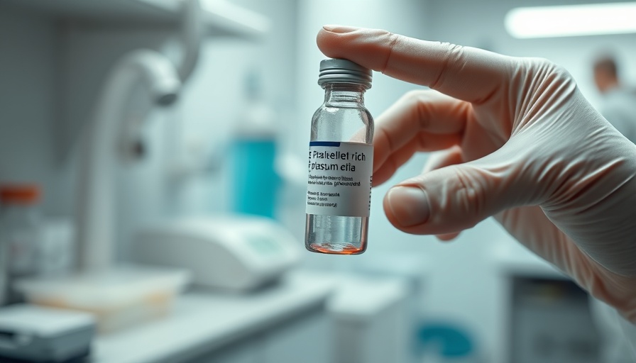 Platelet-rich plasma vial held in hands in a clinical setting.