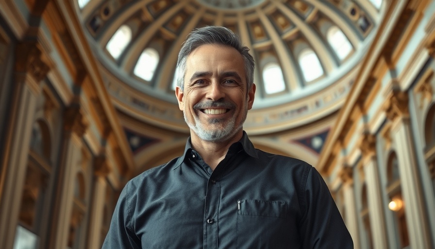 Official portrait of middle-aged man with flag, ornate architecture.