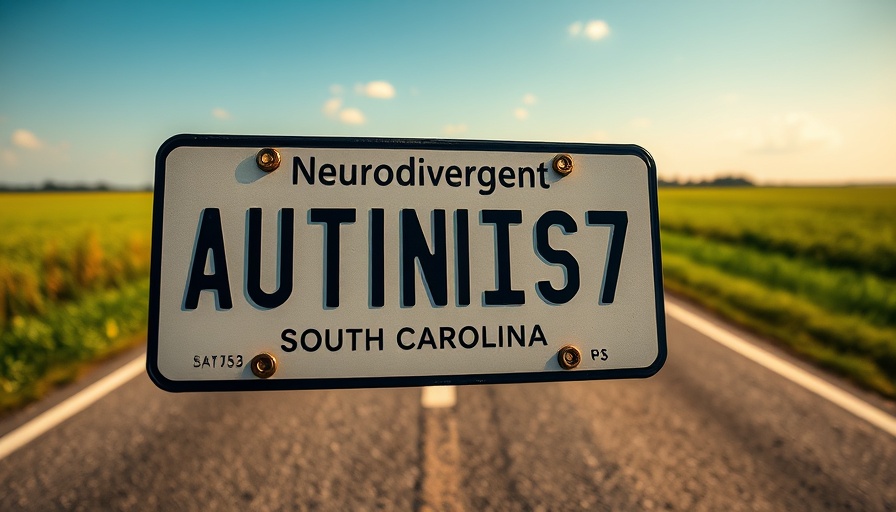 Autism recognition license plate design over a scenic road.
