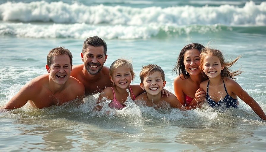 Autism families enjoying Folly Beach, playing in the waves.