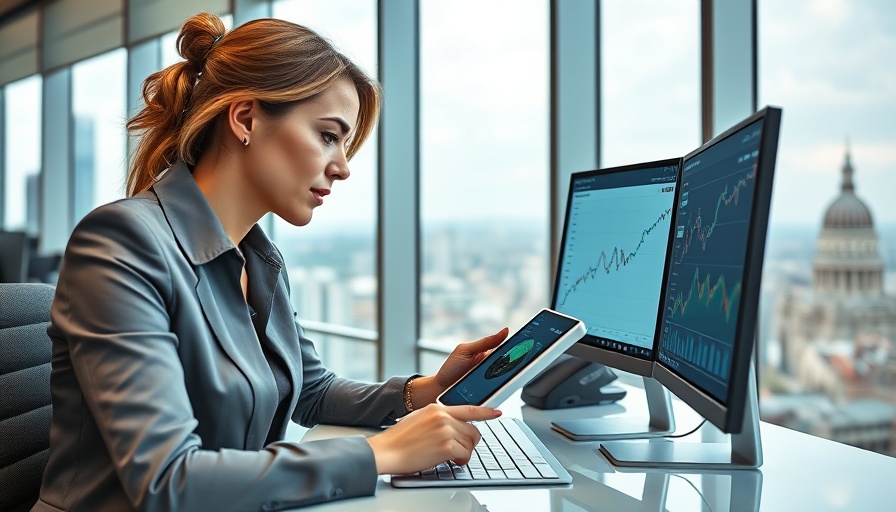 Businesswoman analyzing stocks in a city office with financial graphs, Opendoor stock investment.