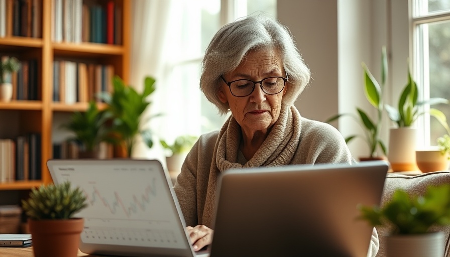 Older woman reviewing IonQ stock charts in a cozy room.