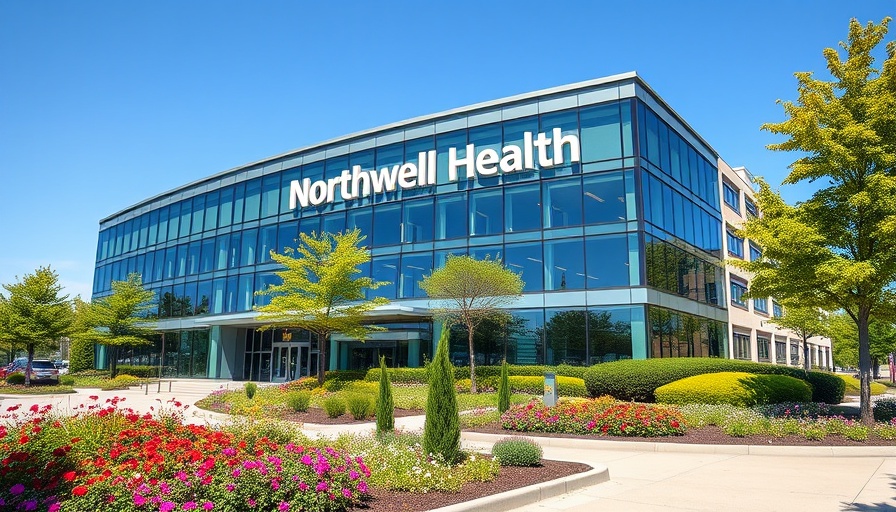 Northwell Health glass building with sign, landscaped walkway.