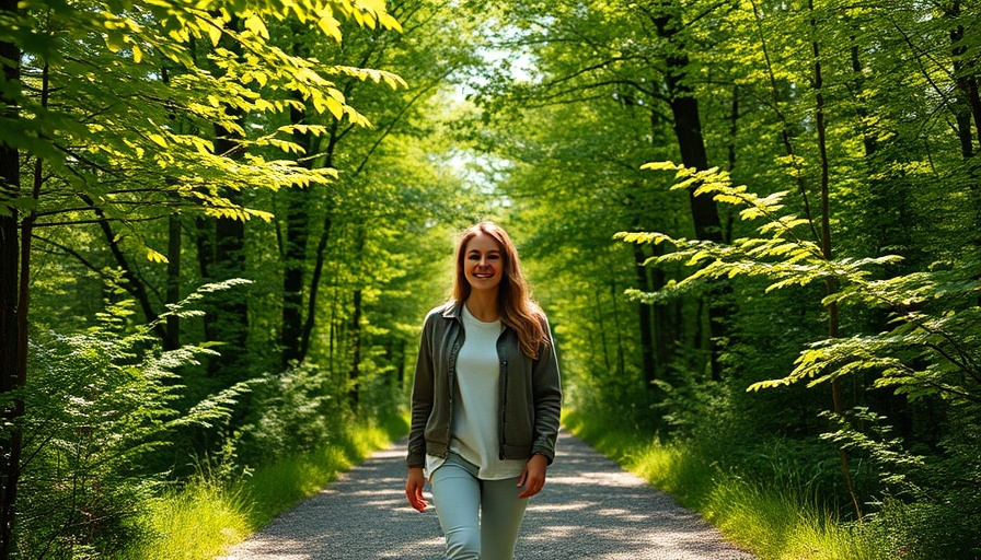 Ways to increase daily steps: Woman walking in a forest path.