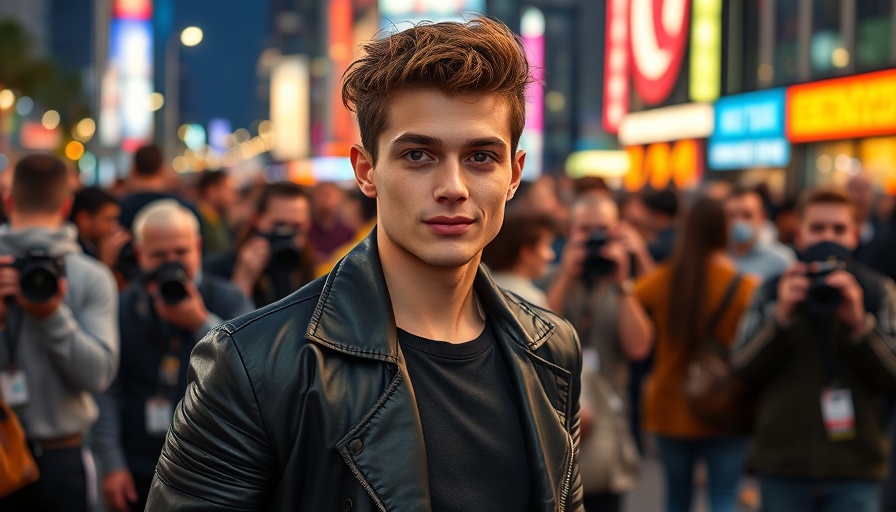 Young man at event amidst photographers, lively evening scene.