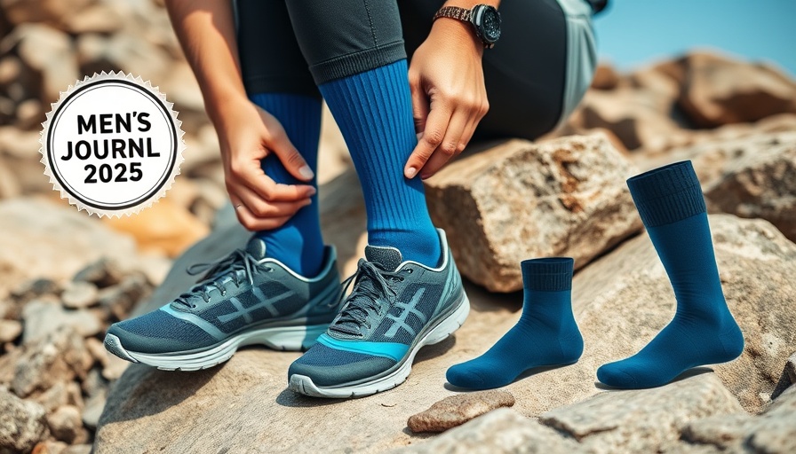 Stylish compression socks for seniors on rocky background and clean display.