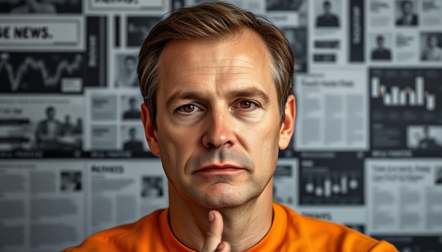 Mugshot of a man in orange on news graphic background.