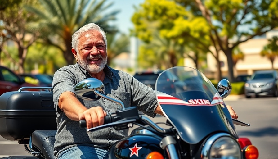 Older man enjoying a motorcycle ride, symbolizing community support for seniors.