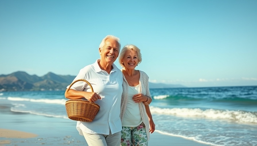 Elderly couple enjoying a beach walk, mountains in background, sunny day.