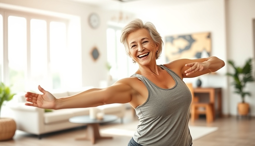 Senior woman practicing yoga in a bright room as part of fitness routine.