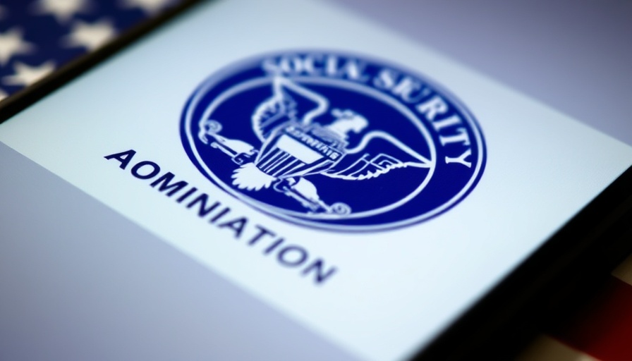 Smartphone displaying Social Security logo, American flag in background.