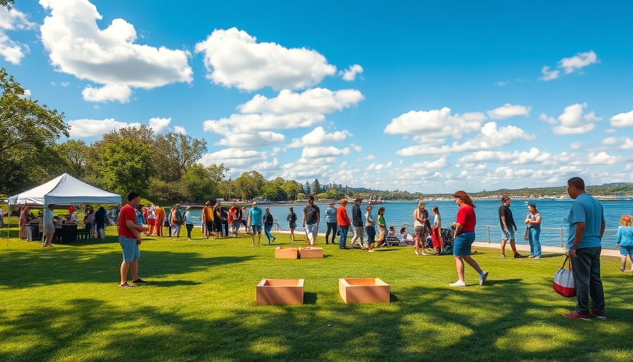 Community event with people playing bean bag toss, vibrant setting