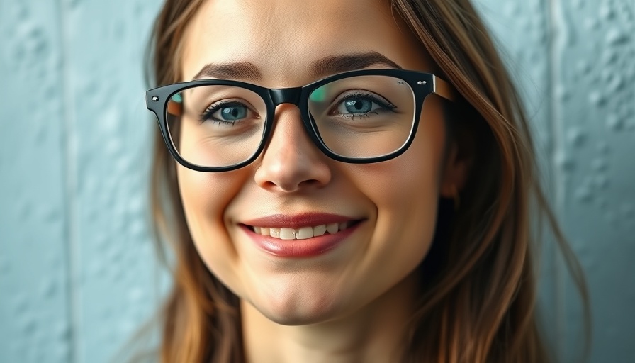 Close-up of a smiling woman with glasses against a light blue wall.