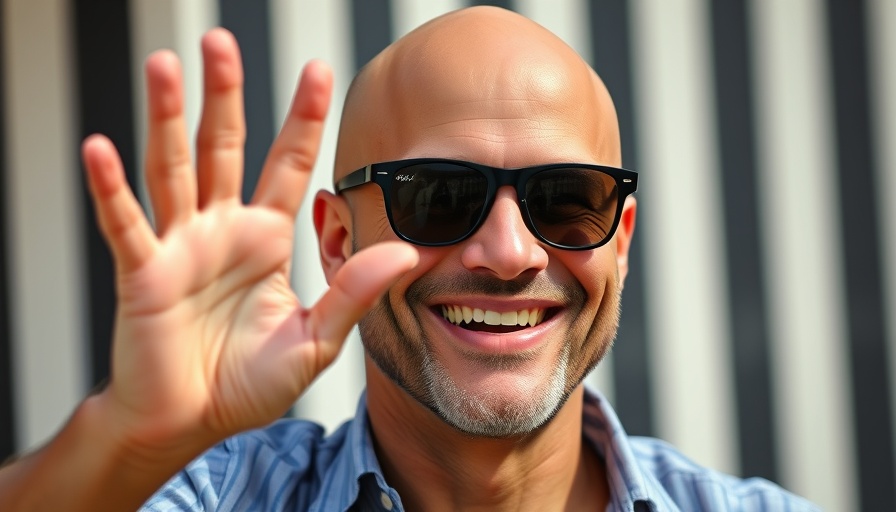 Bald man in sunglasses smiling and waving in outdoor setting.