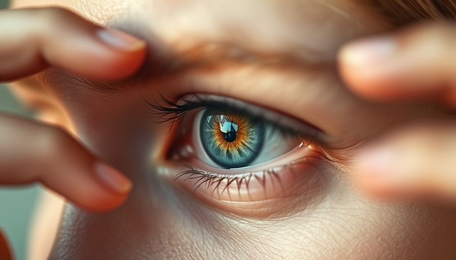 Close-up eye framed by hands, soft focus background.