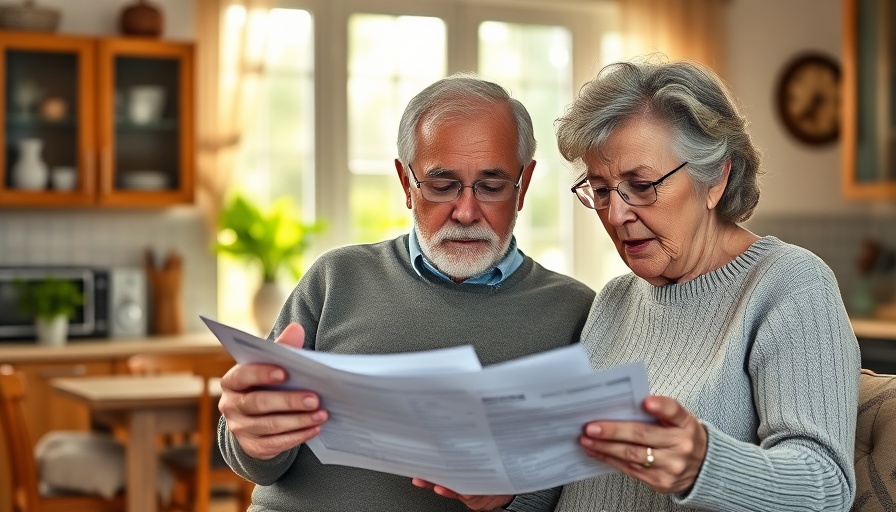 Elderly couple examining retirement documents in sunny kitchen.