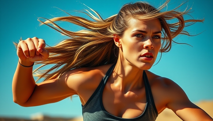 Dynamic woman embracing vitality with a clear blue sky background.