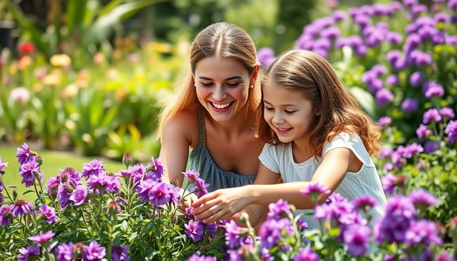 Joyful woman and girl caring for long-blooming perennials in garden.