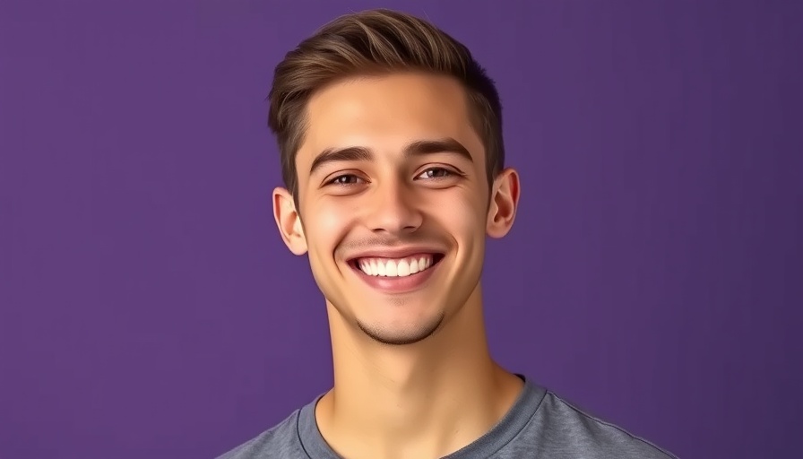 Confident young man in blue shirt against purple backdrop, representing AI opportunities in UK healthcare.