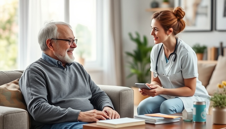 Senior man discussing healthcare solutions with nurse in living room.
