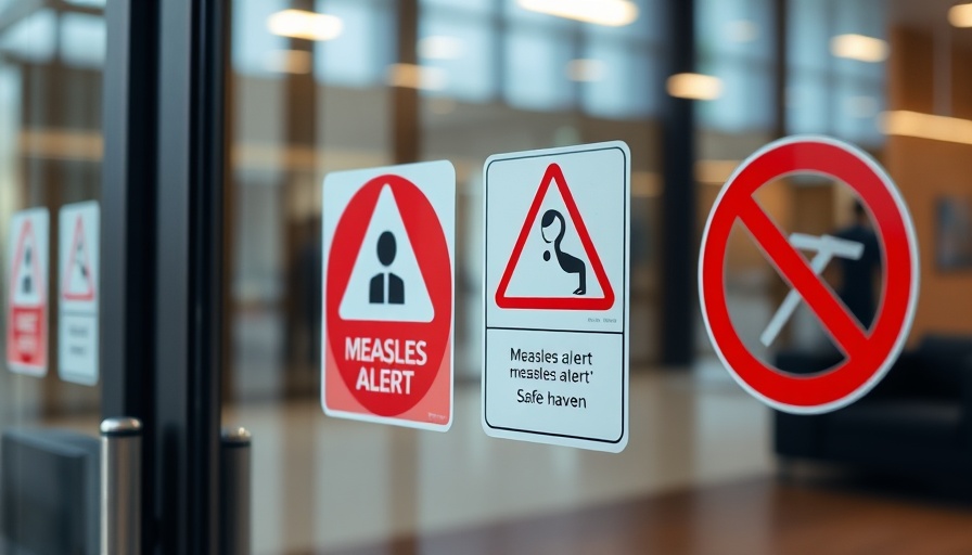 Measles alert and Safe Haven signs on healthcare entrance glass door.