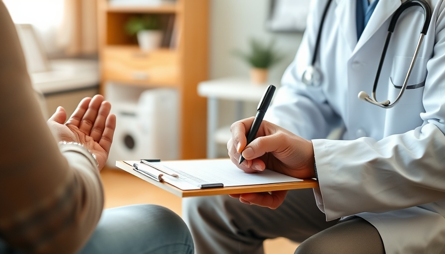 Doctor writing on clipboard in warm-lit exam room, patient waiting.