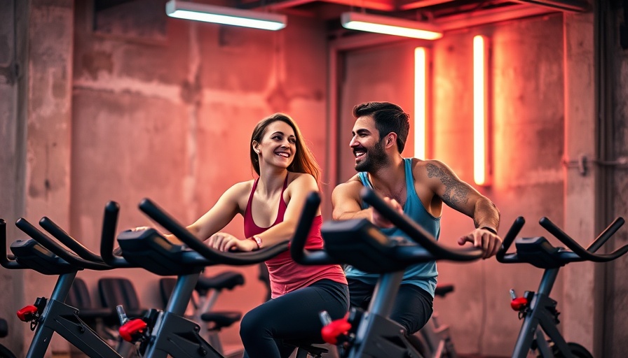 Energetic gym scene with smiling people on bikes.