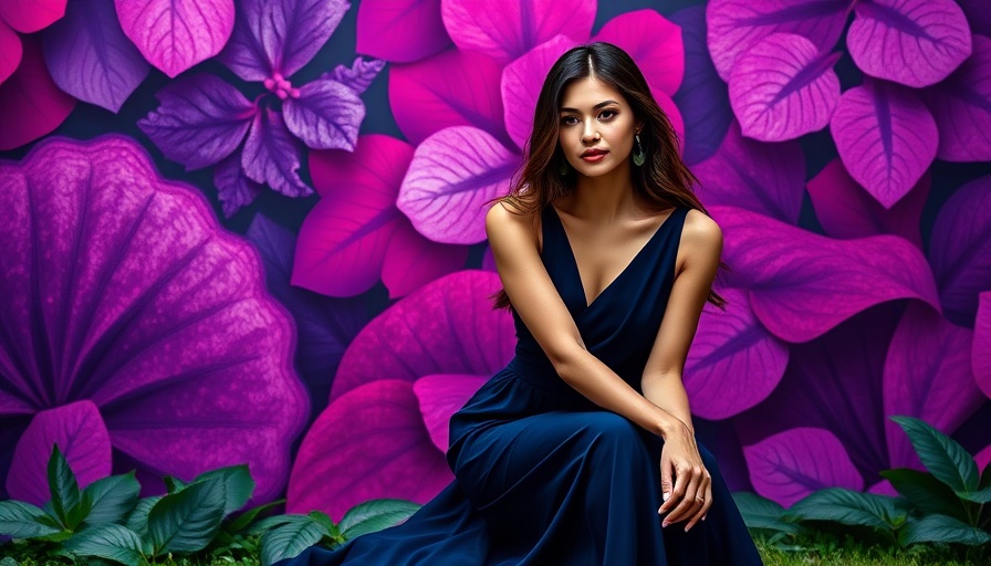 Elegant woman seated against abstract purple background, asking questions about fibroids.