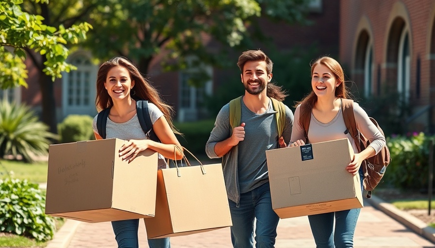 College students carrying boxes on a campus walkway.