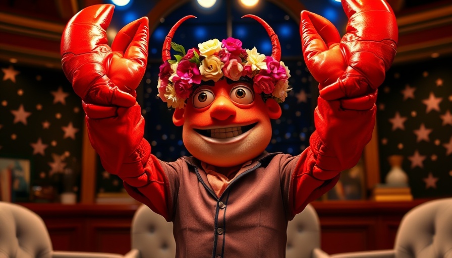 Humorous character with lobster claws on talk show set.