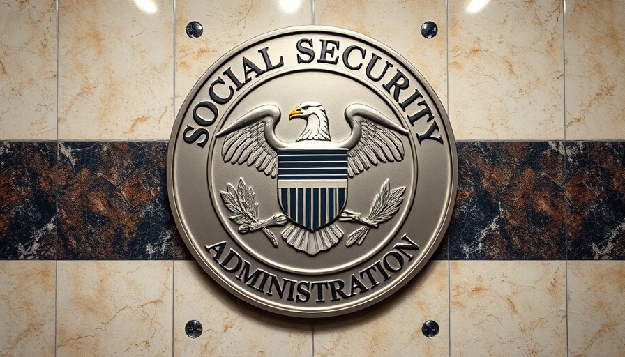 Social Security Administration emblem on marbled wall, apply for Social Security in Muskegon.