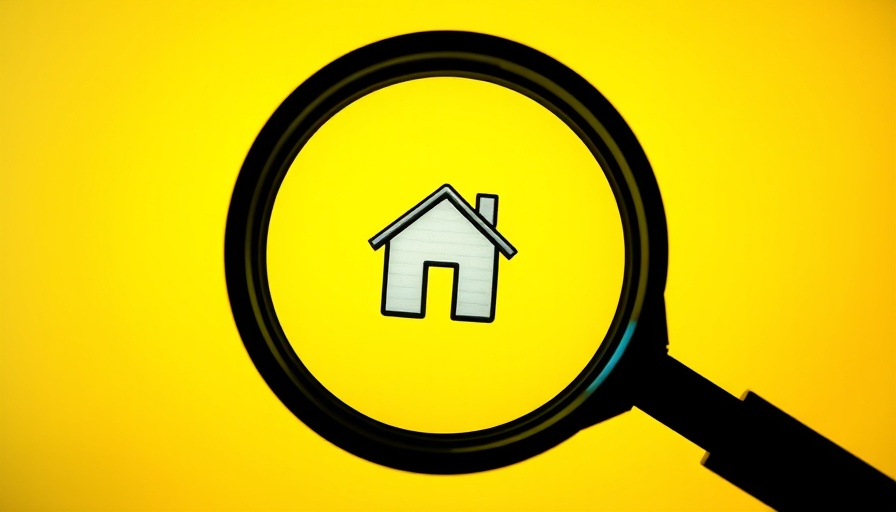 Magnifying glass on house icon, bright yellow background.