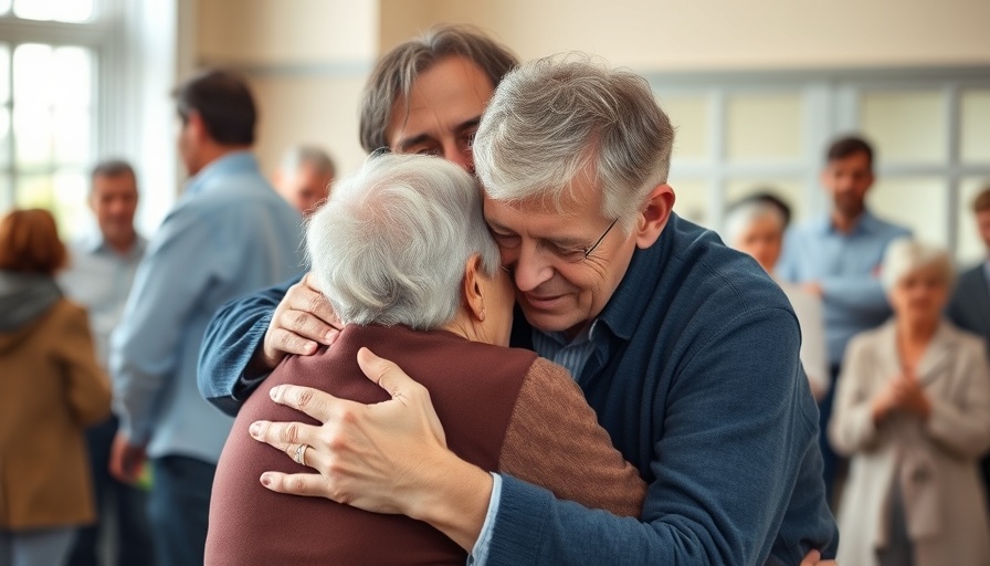 Heartfelt scene of man comforting elderly woman, highlighting community support.