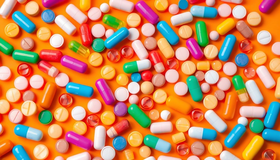 Colorful pills scattered on a vibrant orange background.