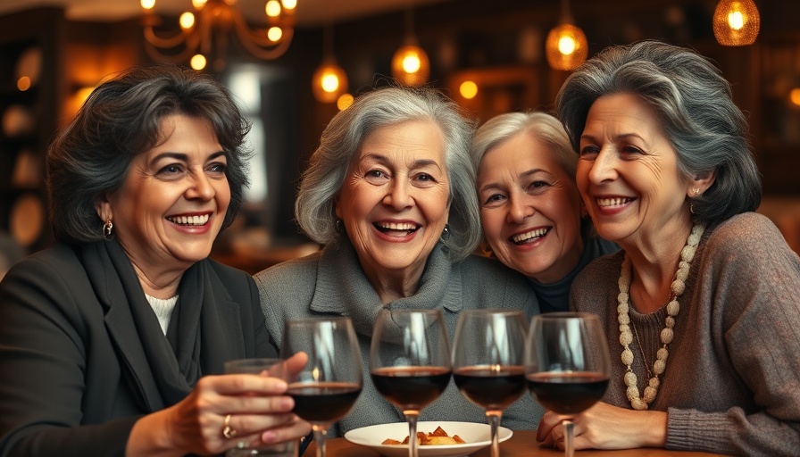 Three women smiling, celebrating together in a warm setting.