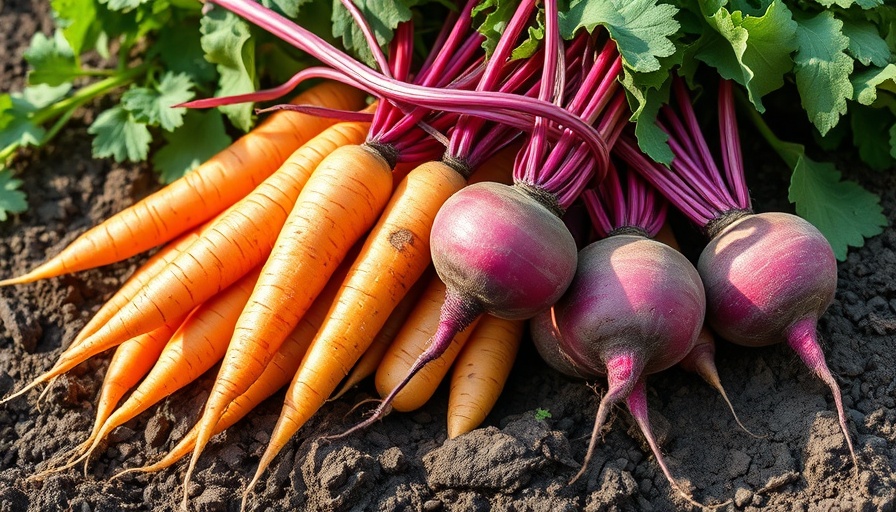 Vibrant beets and carrots on soil, lower blood pressure with beets.