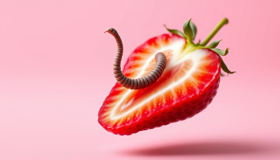 Sliced strawberry with a worm, isolated on pink background.
