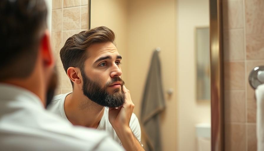 Man practicing hair nourishment tips in a bathroom mirror, Muskegon.