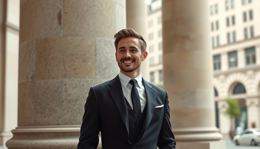 Man in black suit near columns, symbolizing global trade impact.