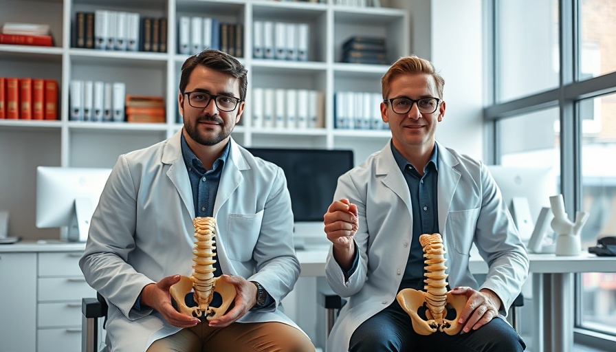 Scientists discussing human evolution with pelvis models in office