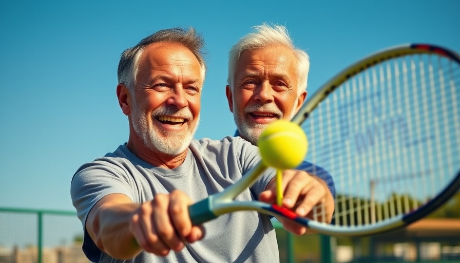 Older man playing tennis can add years to your life, photorealistic scene