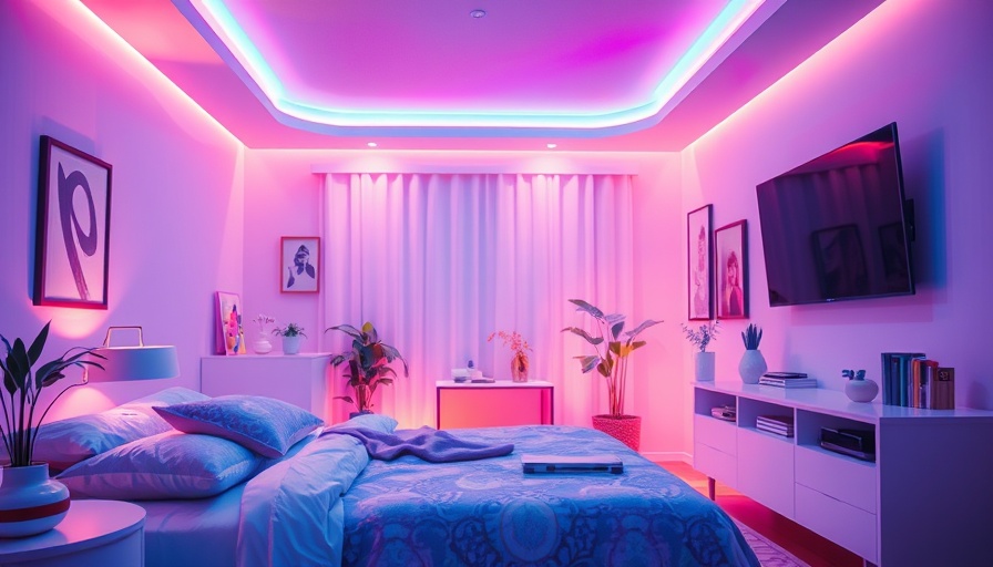 Vibrant bedroom scene with diffused lights and soft colors, cozy ambiance.
