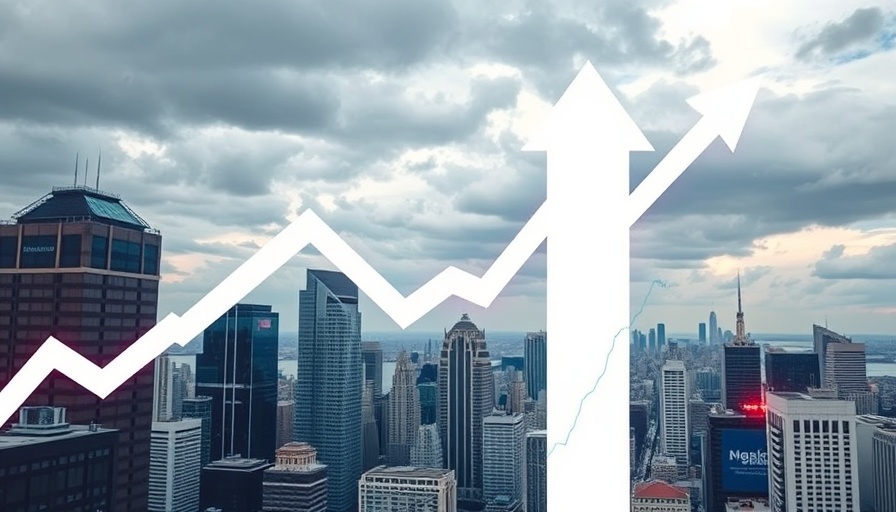 Rising stock market graph overlay with cityscape and economic growth.