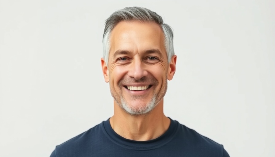 Middle-aged man smiling in plain white background.